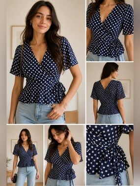 Heartloom Navy‎ Polka Dot Wrap Blouse XS – Peplum Tie Waist Cottagecore Chic